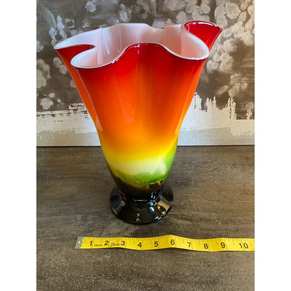 Art Glass Ruffled Handkerchief Vase‎ Rainbow Red Orange Yellow Green 12 Inch MCM